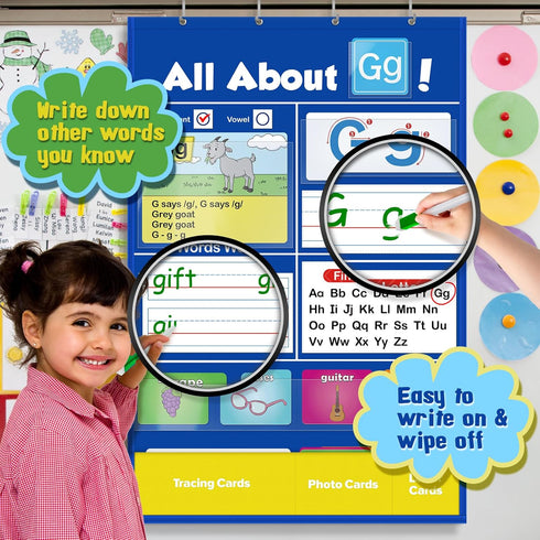 SkilLify Alphabet Learning Pocket Chart, Circle Time Learning Center Alphabet Flash Cards ABC Wall Chart Letter Game
