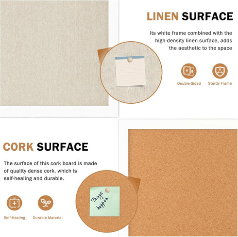 Double-Sided Large Cork Board with Linen, 24" x 18" Hanging Wood Framed Bulletin Board