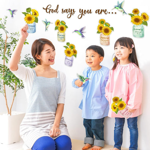 Christian Bulletin Board Decorations Sunflower Theme Inspirational Sets with Hummingbird Flower Jar Cutouts