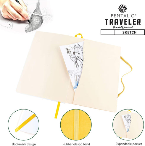 Pentalic Art Traveler Pocket Journal Sketch Book, 6" x 8", Yellow Gold