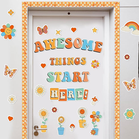 gisgfim Classroom Bulletin Board Decoration Set with Welcome Banner and Groovy Hippie Decor for Schools