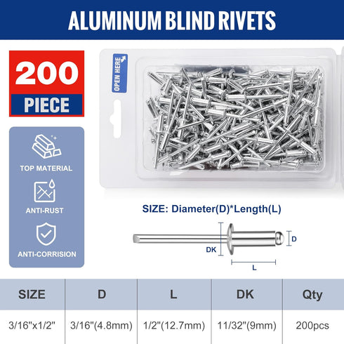 WORKPRO 200Pcs Aluminum Blind Rivets, 3/16" x 1/2" Pop Rivets Assortment, Aluminum Grip and Steel Mandrel, for Metal, Marine Boat, Automotive, Railway, and Duct Work- Pack of 200 (Silver)