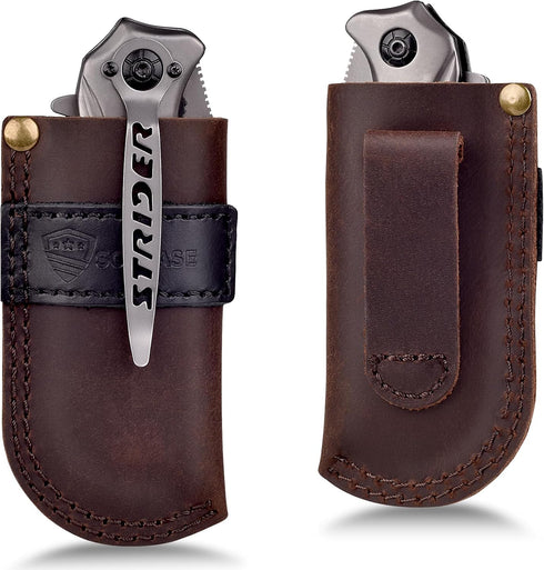 Leather Belt Knife Sheath, Color Clash Series, EDC Holster for Folding Knife Carrier, Darkbrown