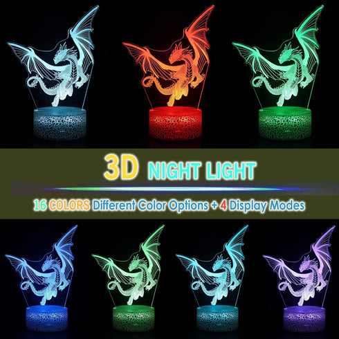 MARZIUS 3D 16 Dragon Illusion LED Table Decor Lamp Night Light with Greeting Card, Colors Change, Remote Control