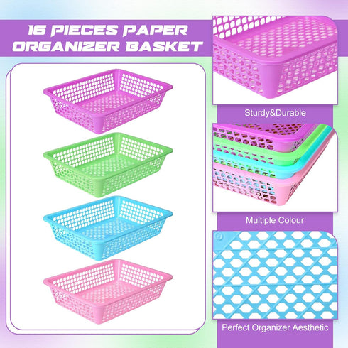 Zhehao 16 Pack Paper Organizer Basket, 13.5 x 10 x 3 Inch Plastic Mesh Bin, Colorful Storage for Office and Home