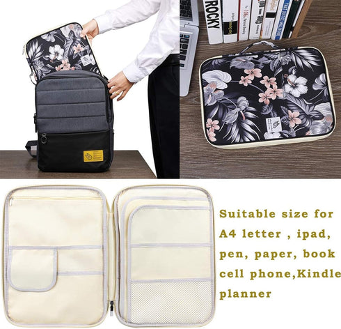 JAKAGO A4 Travel Portfolio Multifunctional Document Organizer Zippered Case for Office Supplies, Mulberry White