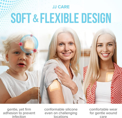 JJ CARE Silicone Foam Dressing 3x3, Pack of 10, Waterproof Bandages for Wounds, Absorbent Bed Sore Bandages