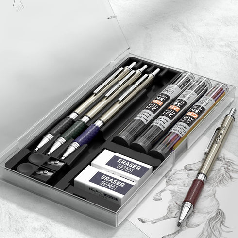 Nicpro 4 PCS Premium 2.0 mm Mechanical Pencils Set, 108 Colored & Black Lead Refills, Art Metal Carpenter Pencil