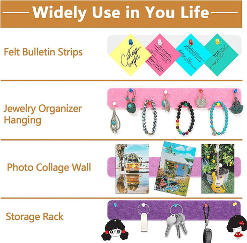 Felt Pin Board Bar Strips for Bedrooms, Self-Adhesive Cork Board with 35 Push Pins for Home Wall Decoration