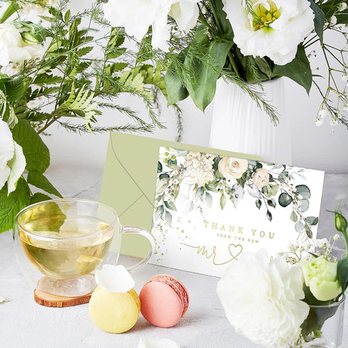 50 Pack Whaline Floral Wedding Thank You Cards Flower with Eucalyptus Leaves Mr & Mrs Thank You Greeting Note Cards