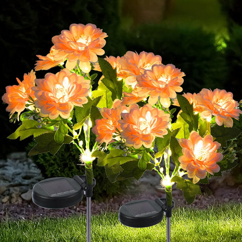 2 Pack Solar Lights Outdoor Waterproof, Garden Decor with 14 Realistic Dahlias/Zinnia, Solar Powered Outdoor Lights