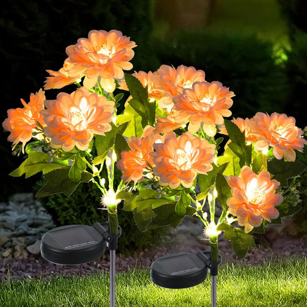 2 Pack Solar Lights Outdoor Waterproof, Garden Decor with 14 Realistic Dahlias/Zinnia, Solar Powered Outdoor Lights