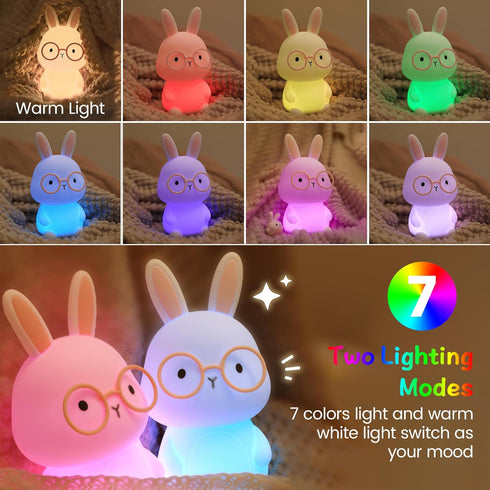 7-Color 3-Level Dimmable 30Min Bunny Night Light for Kids, Soft Silicone Nursery Lamp, Glow, Warm Light, Tap Control