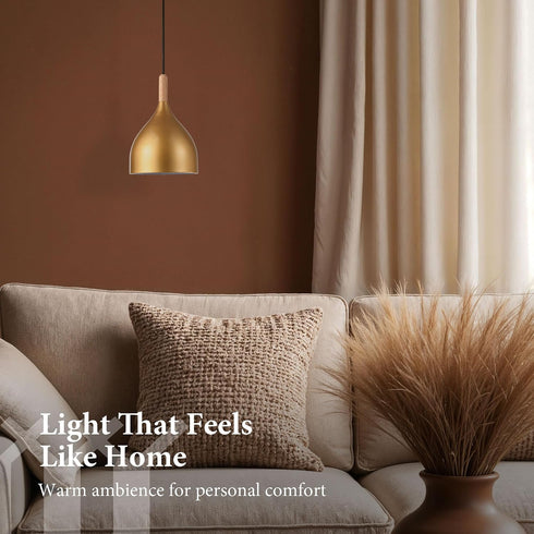 6.6"x6.6"x7" 15"-72" E26 4.7" Modern Pendant Light, Iron Hanging Fixture with Warm Oak Woodgrain, Adjustable Cord