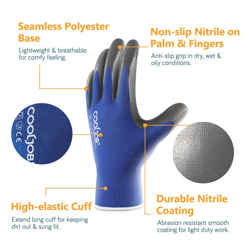 COOLJOB 10/20 Pairs Safety Work Gloves for Men Women Non-slip, Nitrile Rubber Coated Working Garden Yard Gloves Bulk with Grip, Palm Dipped Oil Resistant and Hand-friendly, (Blue Gray, Medium)