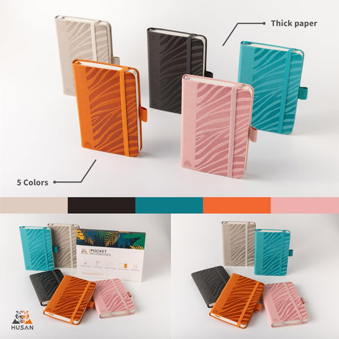 HUSAN Journal Notebook, Pocket Size for Women and Men, Leather Hardcover, Lined Grid, 128 Pages, 3.5" x 5.5", Burnt