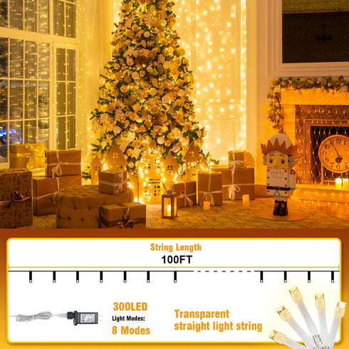 100FT 300 Warm White String Lights LED Extra Long Waterproof Fairy Lights on Clear Wire, Plug-in Indoor Outdoor