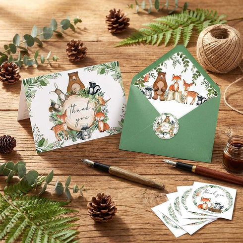 Yuzioey 4x6 (50PCS) Woodland Thank You Cards, Forest Animals Thank You Notes with Matching Envelopes & Stickers