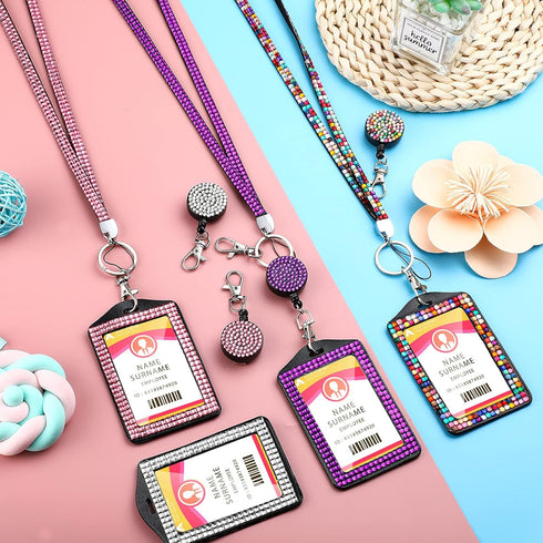 HUSUM 4 Sets Rhinestone Lanyard, Sparkling ID Card Holder, Crystal Retractable Badge Reel for Women, 4 Colors