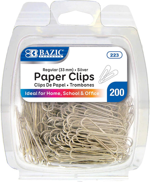 BAZIC Paper Clips, Regular 33mm Silver Color, Large Medium Paperclips, 200/Pack for Office School