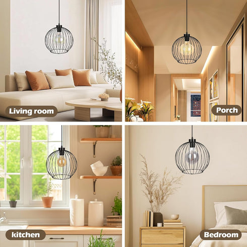 E26 Bulb), Black Ball Modern Industrial Chandelier DIY Metal Cage Pendant Light Fixture, Base (No Assembly Required