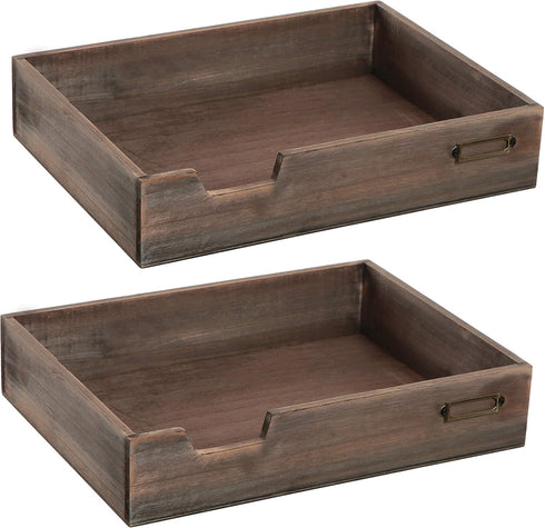 MyGift Set of 2 Stackable Vintage Brown Wood Document Letter Paper Trays with Distressed Finish for Office Desktop