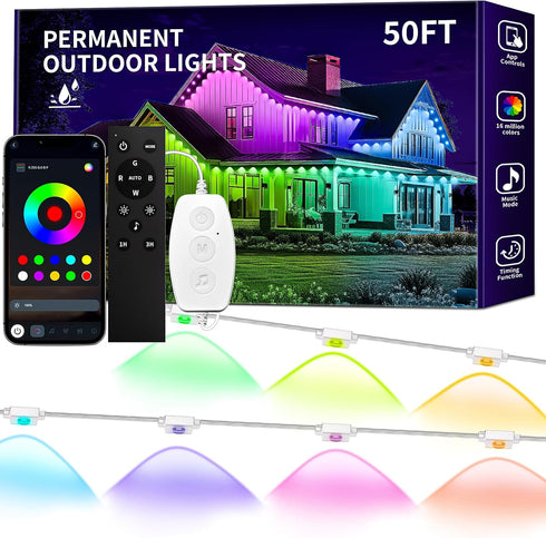 KSIPZE Permanent Outdoor Lights for House, 50ft Smart RGB+IC Eaves LED Lights