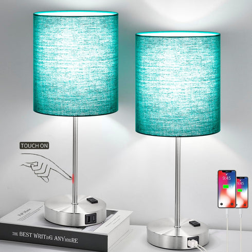 Lynnoland Green Touch Table Lamps Set of 2 with 2 USB &