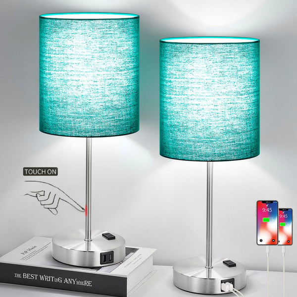 Lynnoland Green Touch Table Lamps Set of 2 with 2 USB &