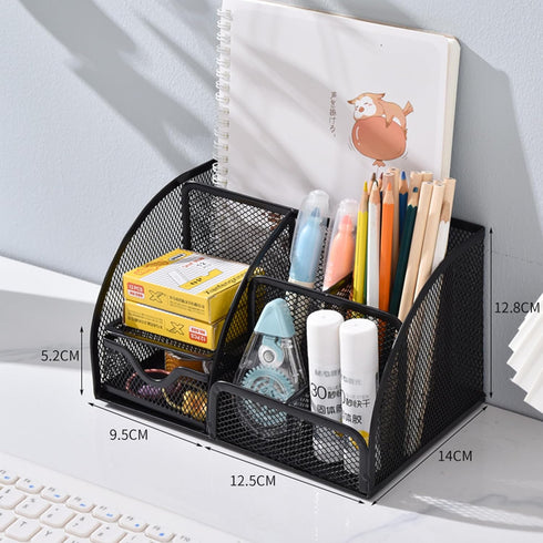 Black Mesh Pen Holder and Organizer with 7 Compartments, Metal Desktop Organizer with Drawer, 9.1" x 5.9" x 5.5''