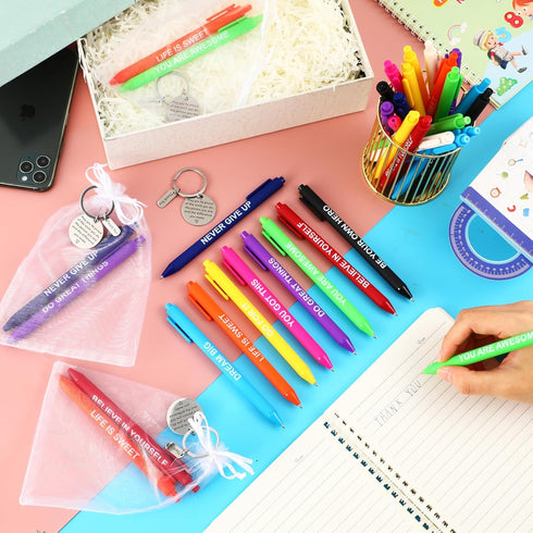 Sasylvia 150 Pcs Employee Appreciation Gift Set - Includes 50 Thank You Keychains and Inspirational Ballpoint Pens