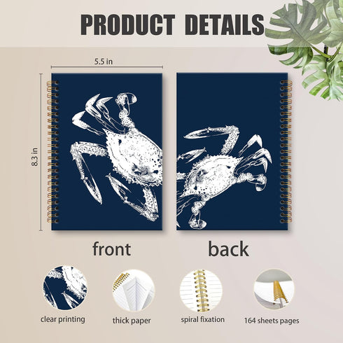 5.5x8.3 Navy Blue Crab Notebook Journal, Nautical Crabs Spiral Notebook, Coastal Beach Ocean Journal Notebooks
