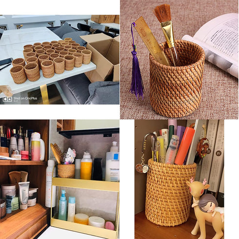 Okllen 2 Pack Handmade Rattan Pencil Holder - Woven Vine Desk Organizer for Makeup Brushes, Office & Home Desktop,