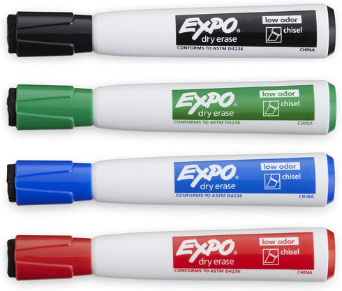 Expo Magnetic Dry Erase Markers with Eraser, Assorted Chisel Tip, 4 Count