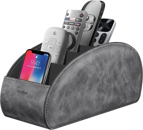 Large Remote Control Holder with 5 Compartments, KENOBEE Anti-slip Desktop Caddy for Phone, Office Supplies - Gray