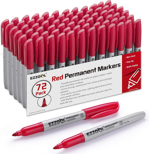 Permanent Markers Bulk, 72 Pack Red Fine Tip Waterproof Markers, Quick Drying Office Supplies