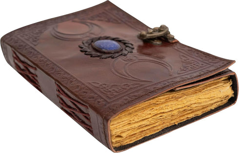 Moon Blue Lapiz Gemstone Studded Writing Handmade Leather Notebook, Unlined Antique Deckle Edge Vintage Paper, Great