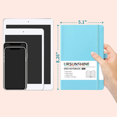 Graph Grid Paper Notebook/Journal - Classic Journal/Notebook with Ribbon Divider, Hardcover with Thick Paper, 5.3" x 8.26", Banded + Pen Holder +Inner Pocket - Light Blue by URSUNSHINE