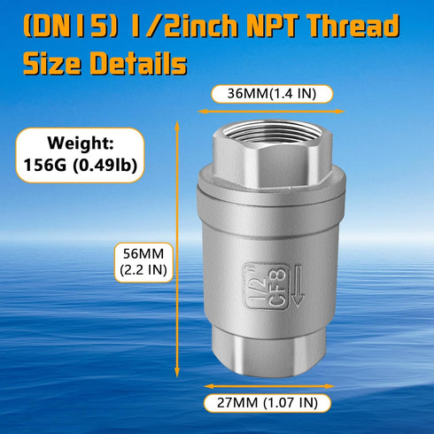 Boltigen 1/2 Inch NPT Thread Stainless Steel Spring Check Valve, Non-Return Horizontal Check Valve for Well, Pump, Tank