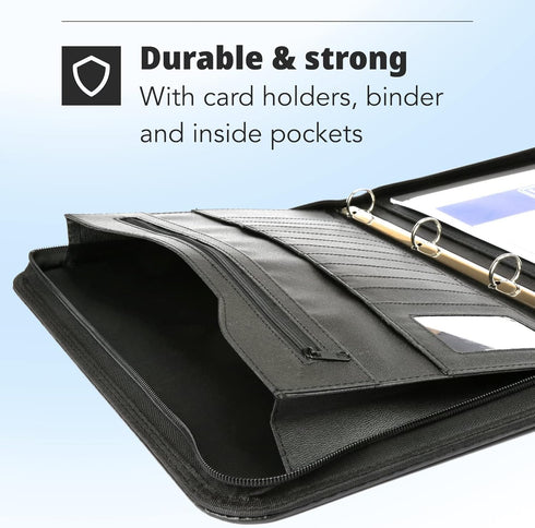 H&S A4 Zipped Conference Folder, Padfolio Folio Case, Business Faux Leather Document Bag Portfolio - Ring Binder