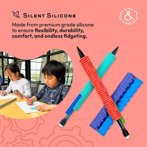 Pencil Gidgets Textured Silicone Pencil Sleeve for Fidgeting, 4 Sleeves & 2 Pencils for Focus and Tranquility