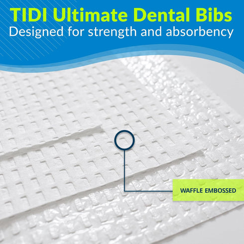 4 13 18 (Pack 500) 3-Ply (917401) TIDI Ultimate Dental Bib, White, Layers, W x L of Disposable Dental Bibs Embossed
