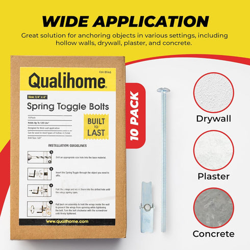 QUALIHOME Spring Toggle Bolt Anchors, Heavy Duty Wall Anchors for Hanging Items, 10 Pack (1/4" x 6")