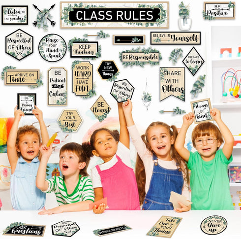 Class Rules Bulletin Board Decorations, Eucalyptus Motivational Cutouts for Classroom