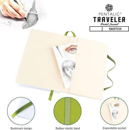 Pentalic Pocket Sketchbook, 4" x 6", 160 Pages, Olive Green Traveler Journal