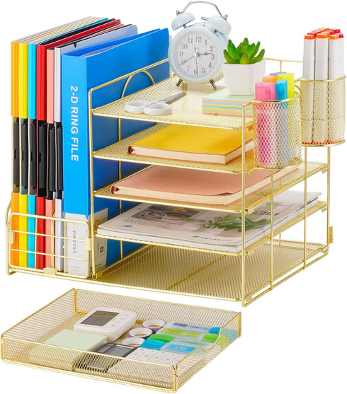 Marbrasse Rose Gold Desk Organizer - 5-Tier Paper Letter Tray with Drawer and 2 Pen Holder, Mesh Desktop Storage