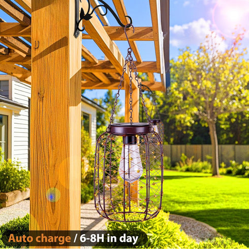 2 Pack Hanging Solar Lanterns Outdoor Waterproof, Vintage Copper Hanging Lantern Lights for Outside, Solar Chandelier