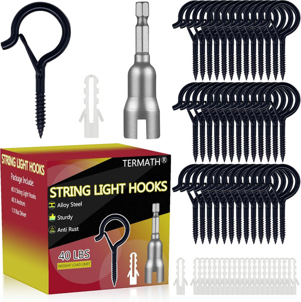 TERMATH 40PCS Outdoor String Light Hooks with Spring Latch,Rust Resistant Screw in Hooks,Windproof