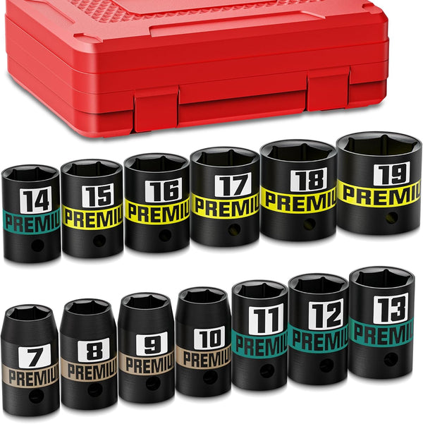KIRXST 13-Piece 3/8" Drive Shallow Impact Socket Set, 7-19mm, Semi-Deep Sockets, CR-V, Socket