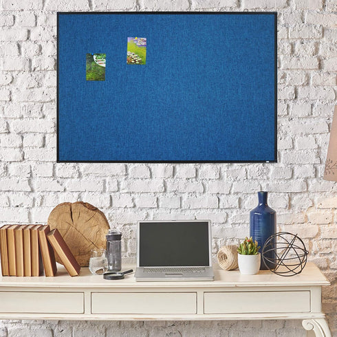 Lockways Linen Cork Bulletin Board, 36 x 24 Inch Framed Linen Fabric Pinboard, Blue Color